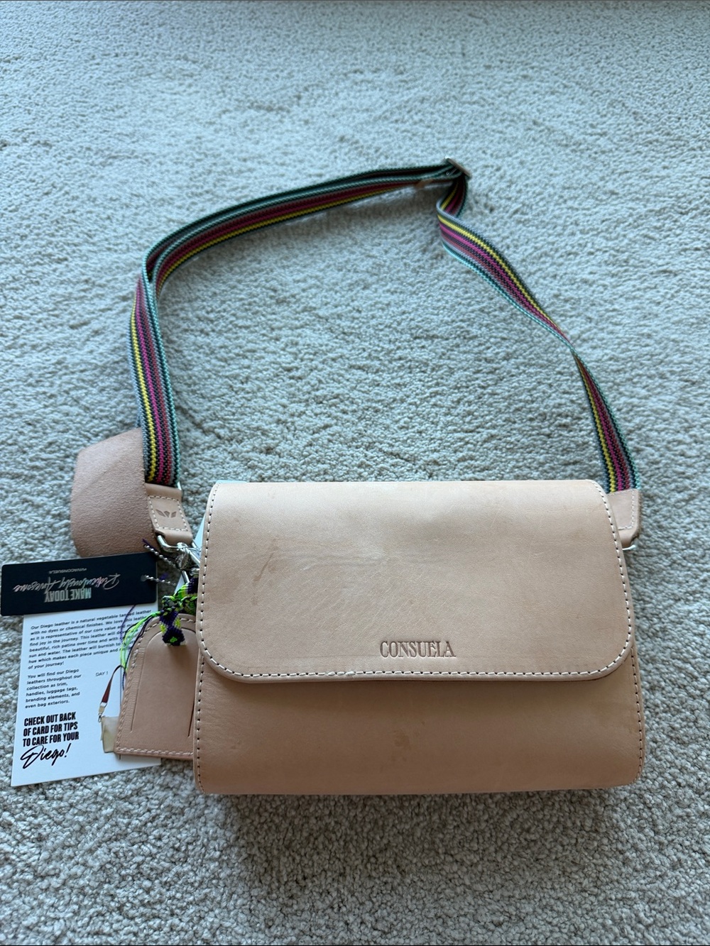 Consuela Natural Leather Crossbody with Multicolor Striped Strap